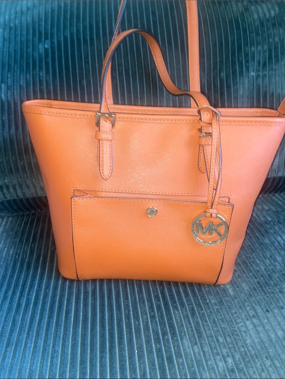 Michael Kors Burnt Orange Saffiano Leather Tote with MK Charm - Picture 1 of 13